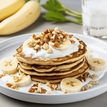 Goldene Herbst-Pfannkuchen mit Bananen, Joghut und Nüssen