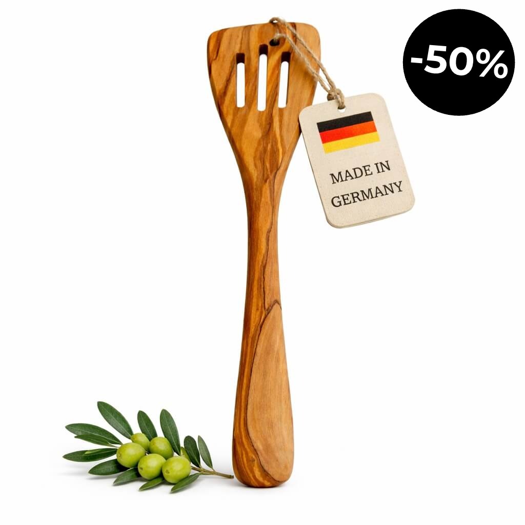 Pfannenwender aus Olivenholz mit Schlitzen (30 cm)