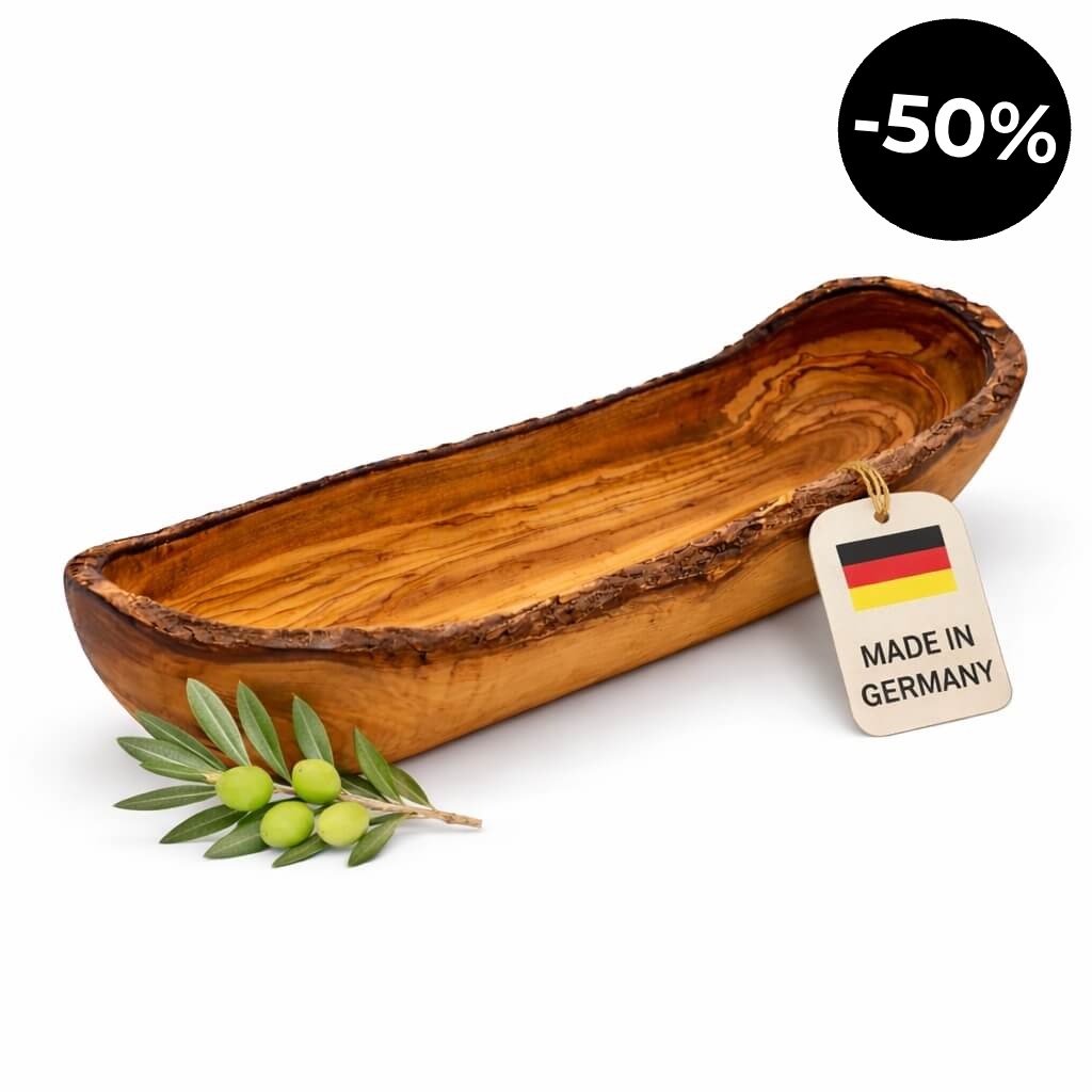 Brot- & Baguette-Schale aus Olivenholz - Rustikaler Rand (30cm)