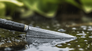 Messer wird von Hand im Wasser gereinigt