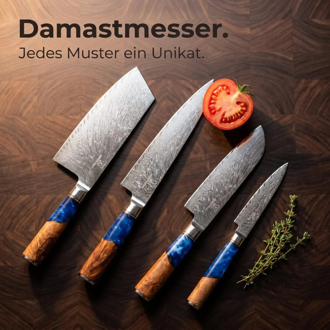 Premium Damast-Cleaver mit hochwertigem Abziehleder