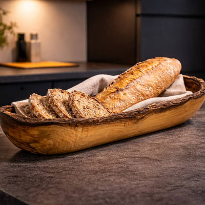 Brot- & Baguette-Schale aus Olivenholz - Rustikaler Rand (30 cm)