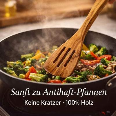 Pfannenwender aus Olivenholz mit Schlitzen (30 cm)