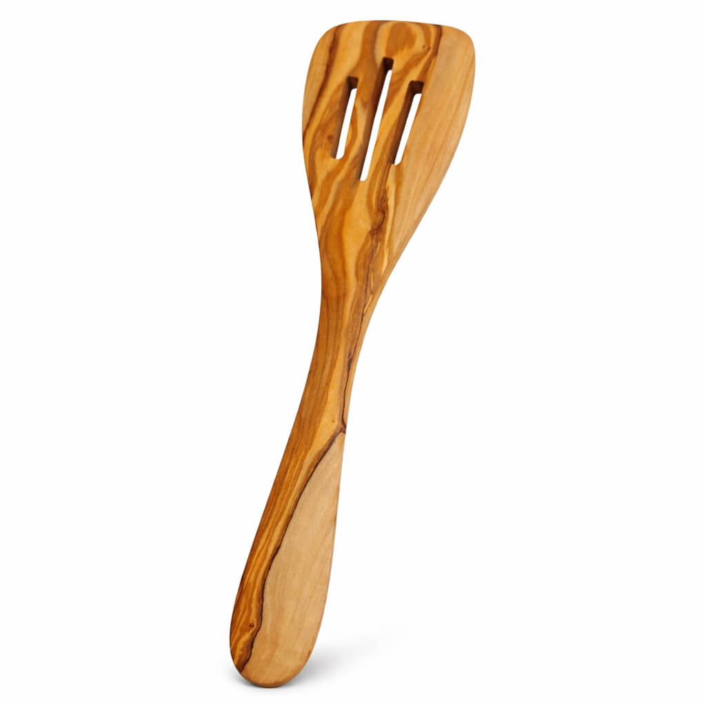 Pfannenwender aus Olivenholz mit Schlitzen (30 cm)