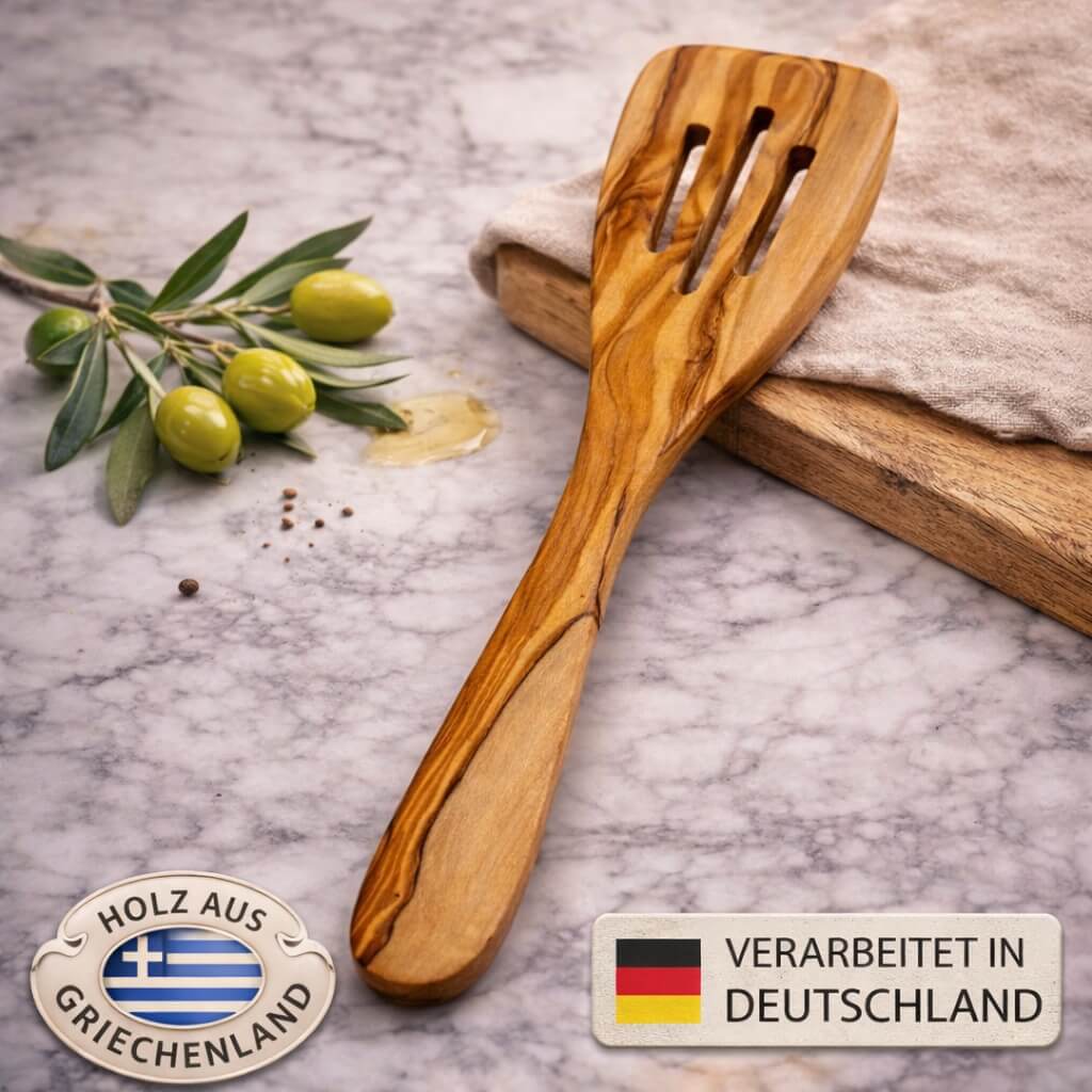 Pfannenwender aus Olivenholz mit Schlitzen (30 cm)