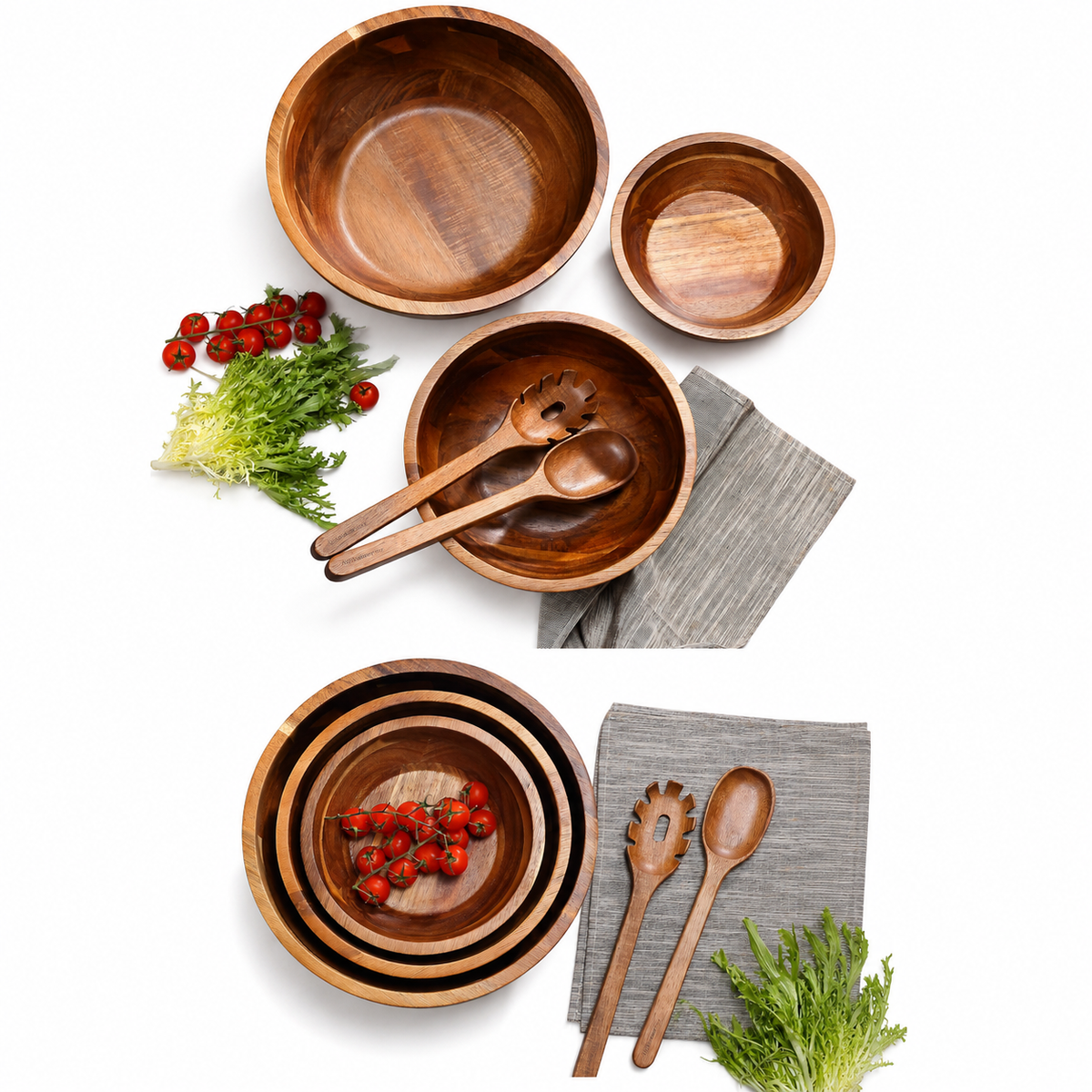 Salatschüssel Set aus Akazienholz – 3 Schüsseln inkl. Salatbesteck – Küchenkompane