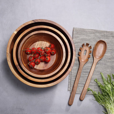 Salatschüssel Set aus Akazienholz – 3 Schüsseln inkl. Salatbesteck