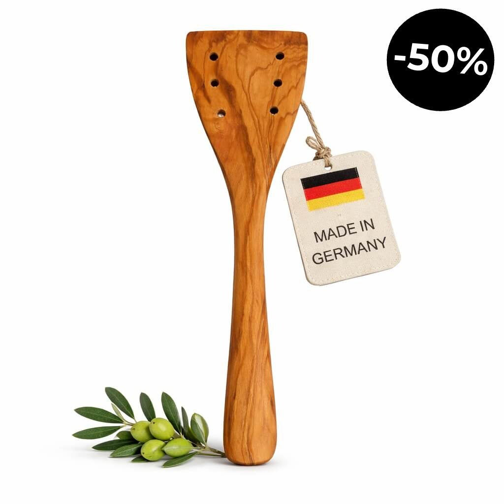 Pfannenwender aus Olivenholz mit Löchern (30 cm)