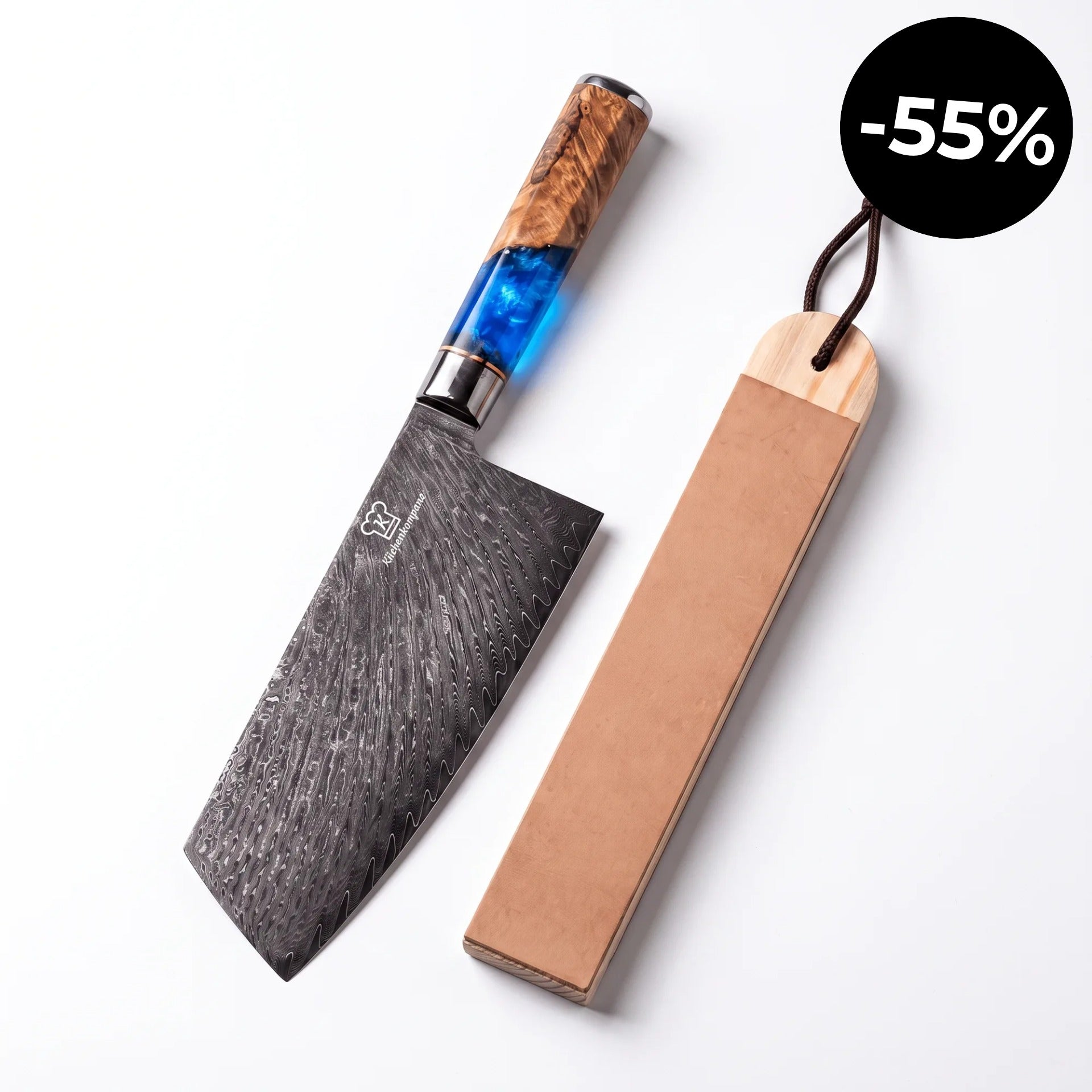 Premium Damast-Cleaver mit hochwertigem Abziehleder