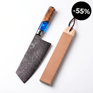 Premium Damast-Cleaver mit hochwertigem Abziehleder