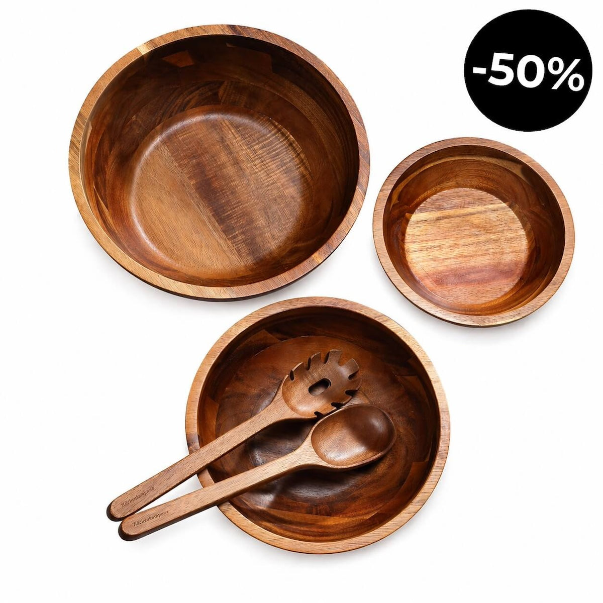 Salatschüssel Set aus Akazienholz – 3 Schüsseln inkl. Salatbesteck