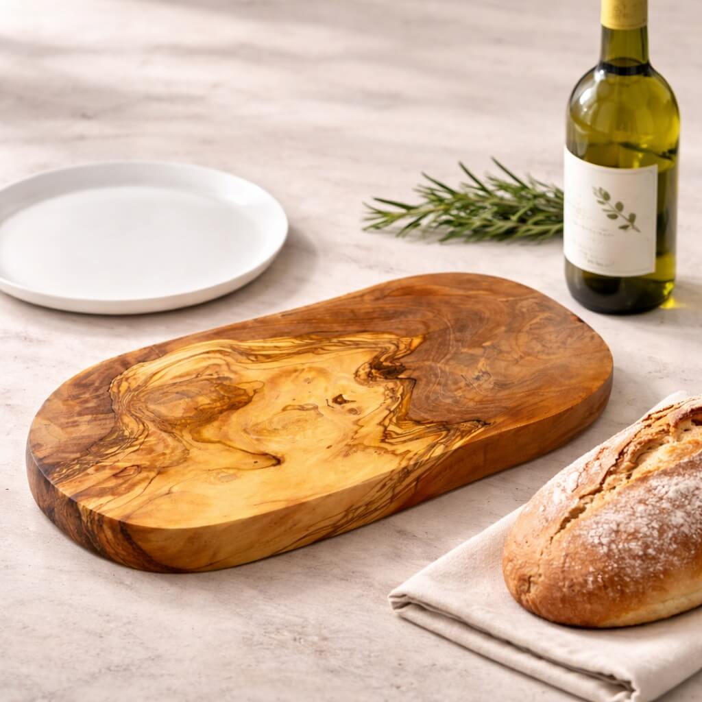 Schneidebrett aus Olivenholz - rustikale Naturform (34 cm)