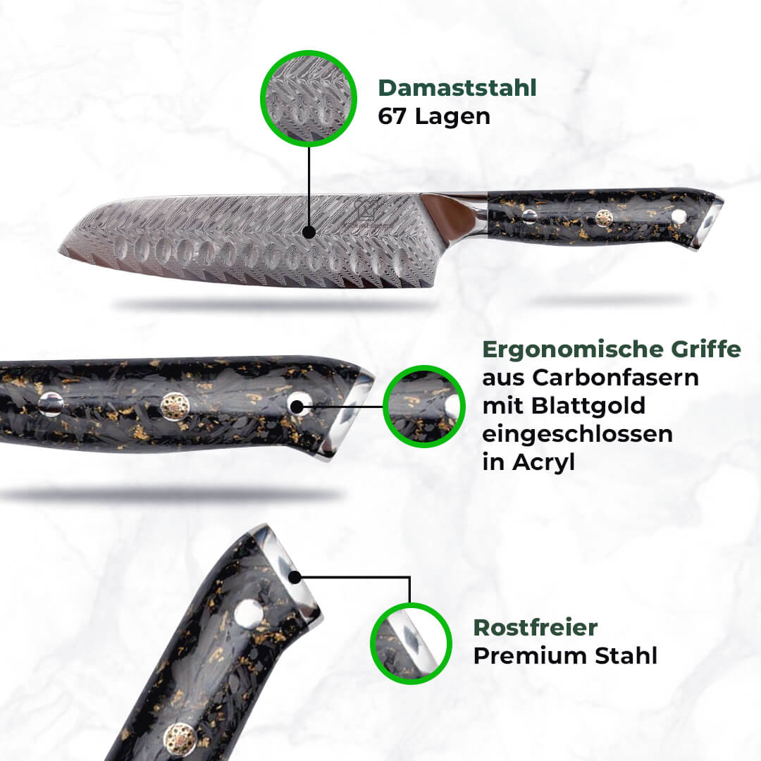 Infografik zu den Eigenschaften des Kiiro Damastmesser Sets