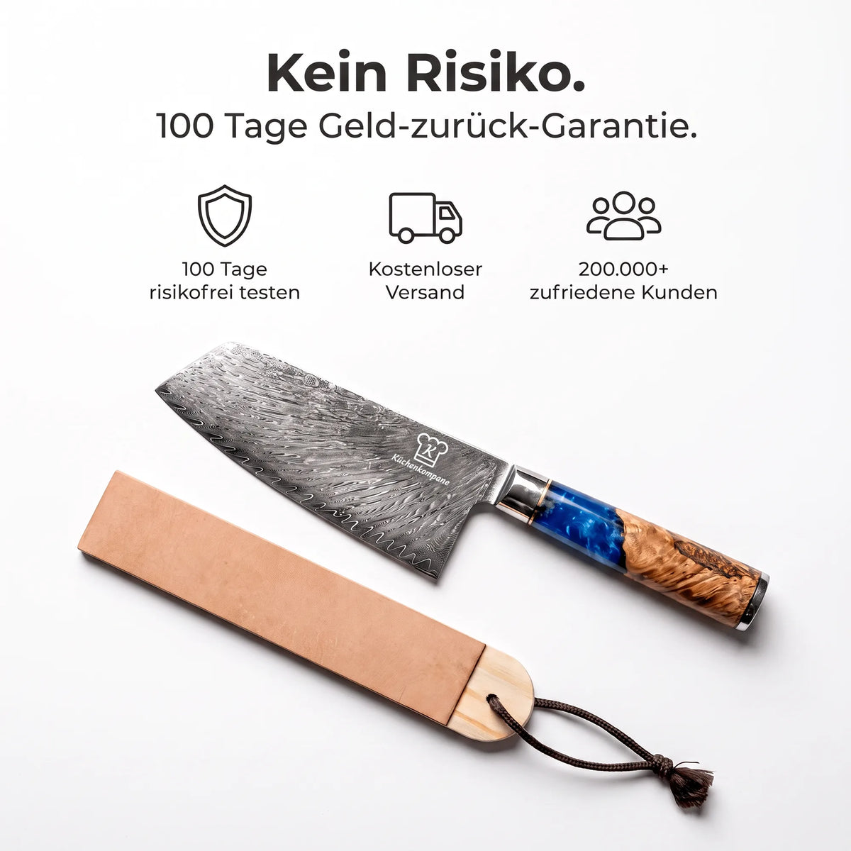 Premium Damast-Cleaver mit hochwertigem Abziehleder