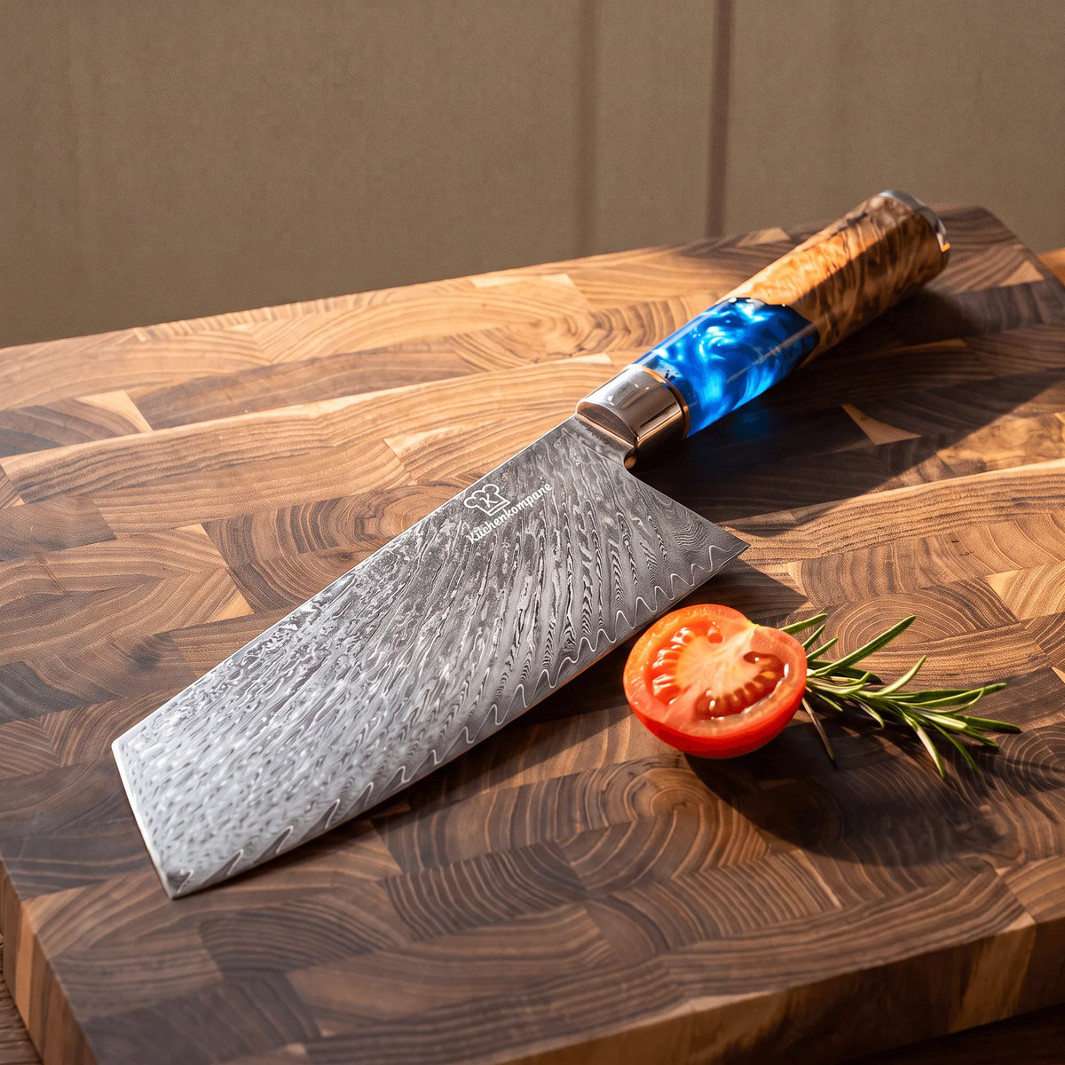 Premium Damast-Cleaver mit hochwertigem Abziehleder