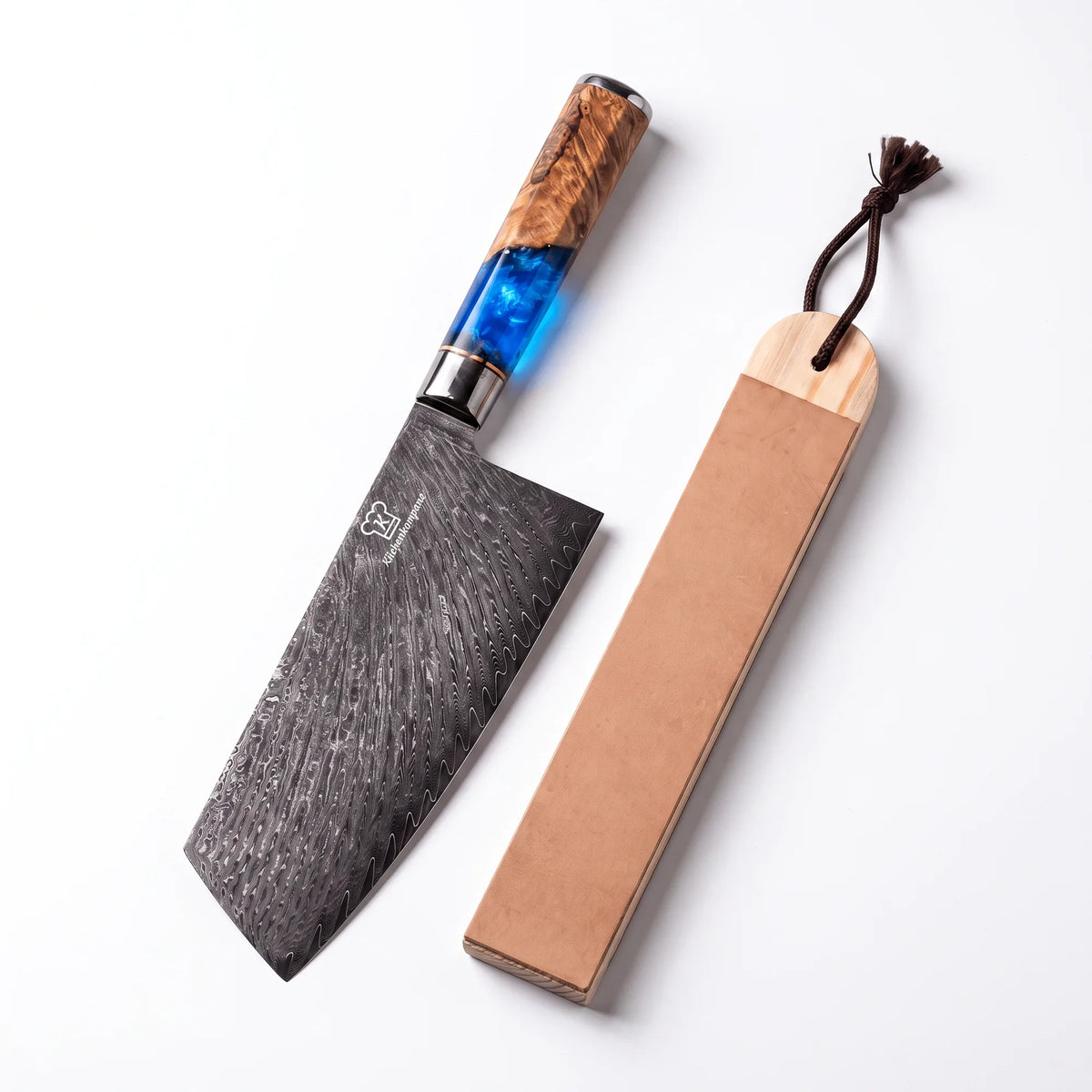 Premium Damast-Cleaver mit hochwertigem Abziehleder