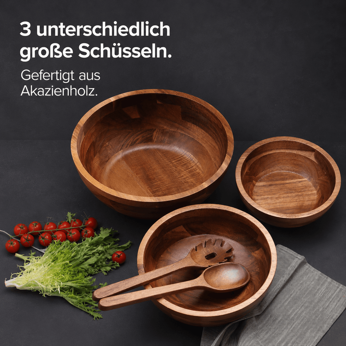 Salatschüssel Set aus Akazienholz – 3 Schüsseln inkl. Salatbesteck
