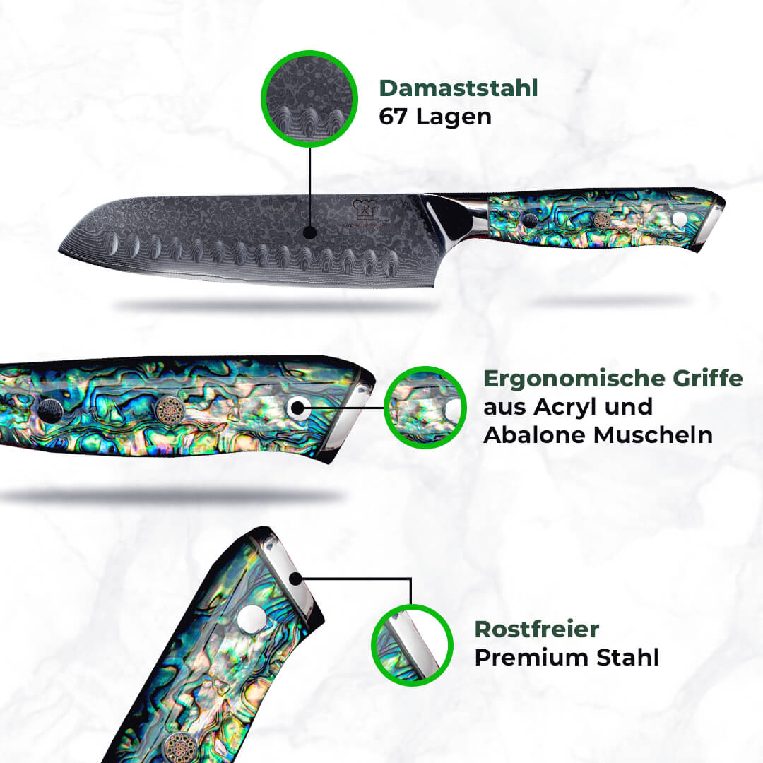 Infografik zum Sheru Damastmesser mit Klinge und Griffbeschreibung